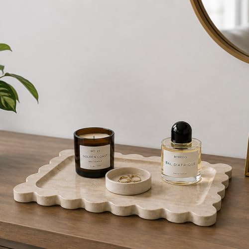 Travertine Bathroom Tray Countertop, Marble Vanity Tray for Home Decorative Dresser Organizer, Marble Scalloped Tray for
