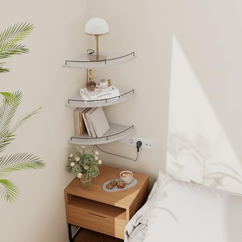 JJL Corner Shelf Wall Mounted, 12 Inches 3-Tier Floating Corner Shelf, Fan-Shaped Rustic Wood Decor with Fence, White Fl