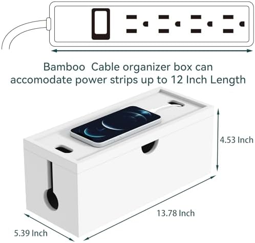 Bamboo Cable Management Box, Large Cord Organizer Box Cable Box to Hide Wires & Power Strips for Desktop Storage Cord Ho
