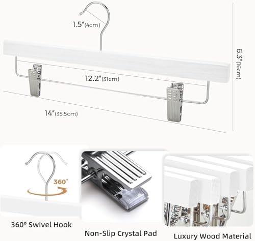 HOUSE DAY Wooden Pants Hangers with Clips, 50 Pack Skirt Hangers, White