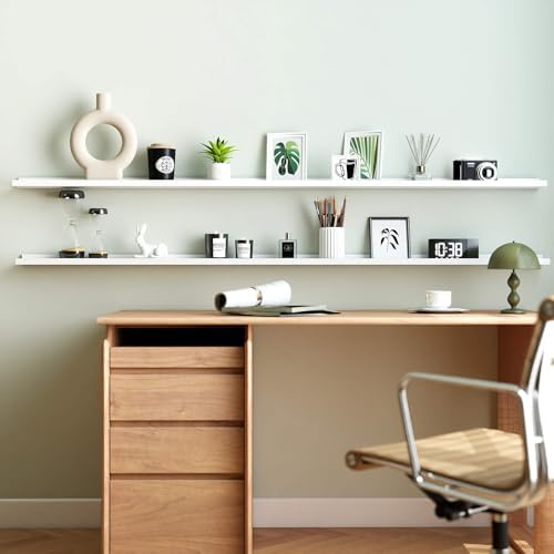 White Floating Shelves for Wall Decor, 71 in Shelf with Lip Set of 2