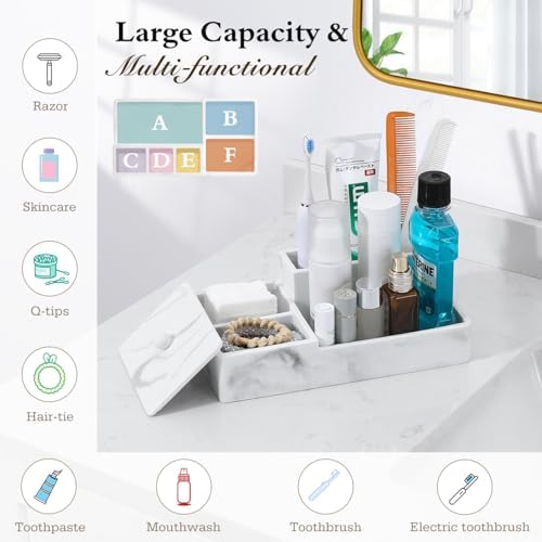 Luxspire Bathroom Counter Organizer with Lid, 6 Slots, Gravel White