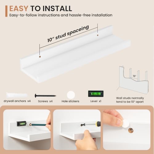 Dreamland Picture Ledge Shelf for Wall, Floating Shelves Set of 2,18 inch Long Floating Shelves with Lip for Living Room,Bedroom,Bathroom,Kitchen,White