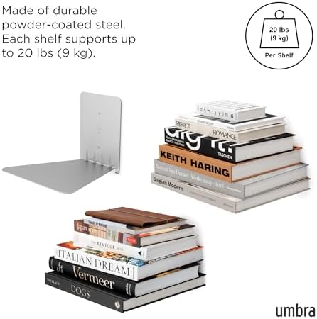 Umbra Conceal Floating Bookshelf, Metal Wall Shelf, Set of 3, Large, Silver