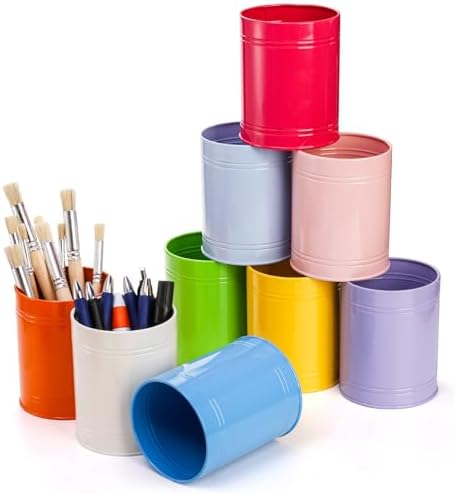 Tlence 9 Pack Metal Pen Holders for Desk, Colorful Bulk Round Pencil Cup Caddy, Desktop Stationery Organizer and Accessories for Office Classroom, Makeup Brush Storage, 3.5 x 4.5 Inches