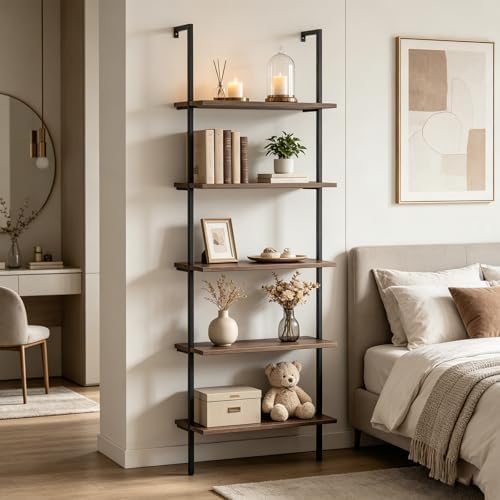 Wolawu 5 Tiers Ladder Shelf Brown Modern Bookshelf Open Tall Wall Mount Bookcase Standing Leaning Wall Shelves Industria
