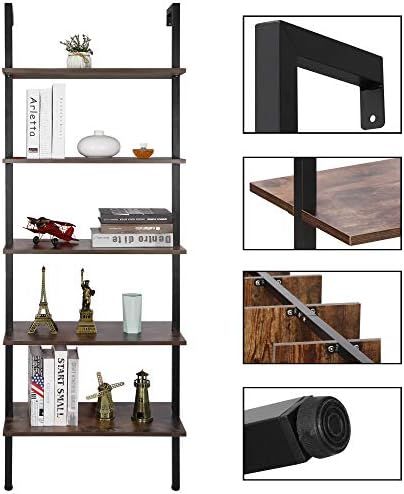 ZenStyle 5-Shelf Wood Ladder Bookcase, Industrial Wall Mount Ladder Bookshelf with Black Metal Frame, Vintage Brown/Blac