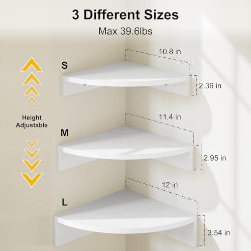 Alsonerbay Wood Corner Floating Shelves with Graduated Size 3-Pack, White