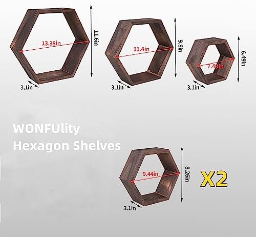 WONFUlity Hexagon Floating Shelves, Hexagonal Shelf Wall Mounted Storage