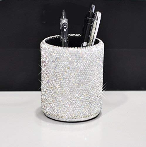 crystal Pencil Pen Pot Holder Box Bling Rhinestone Pen organizer Holder Cosmetic Pen Container (Silver, Round)