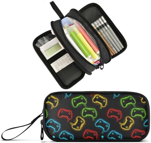 Wfrish Game Joystick Black Large Capacity Pencil Case, 3 Compartments Pen Pouch Organizer for School College Office, Zippers Big Pencil Bag for Teens Adults Girls Boys Makeup