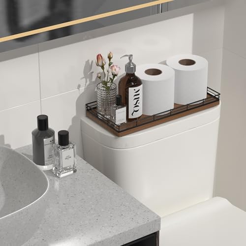 Oak Bathroom Toilet Tank Tray, 13" Wood Back of Toilet Paper Storage Tank Topper Basket, Vanity Tray for Perfume Makeup 