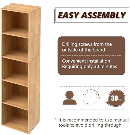 5-Tier Wooden Cube Storage Organizer, 52 Inch Tall Bookcase & Display Shelf with 5 Open Cubes, Freestanding DIY Closet S