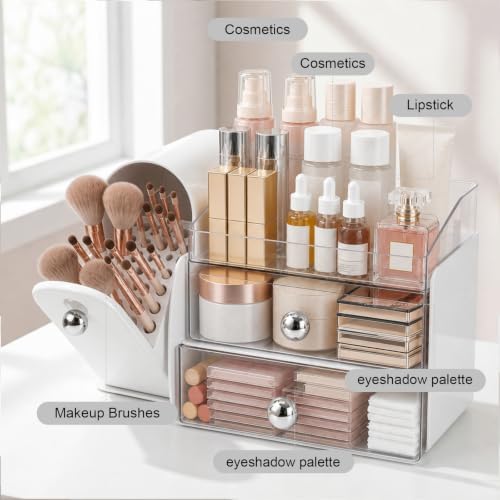 Makeup Organizer with Makeup Brush Holder, Vanity Organizer Large Cosmetic Display Cases, Skincare Organizers and Bathro