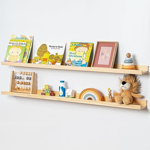 Picture Ledge Shelf for Wall, 48 inch Solid Pine Wood Nursery Book Shelves 2 Packs, Floating Ledge Shelves for Kids' Room Bedroom Bathroom Living Room Photo Frames Office Nursey Wall Decor, Natural