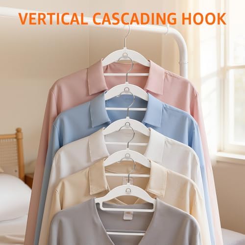 Yolife Cascading Plastic Clothes Hangers 20 Pack with Inner Hook for Vertical Storage, Slim Space Saving Hangers with Non-Slip Pads, 360° Swivel Metal Hook, Versatile, White & Gray