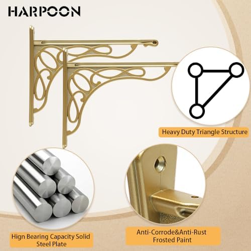 Wall Shelf Bracket, Heavy Duty and Hardware Included, 2 Pack, Brushed Gold Finish 9.5" X 7.5" Inch