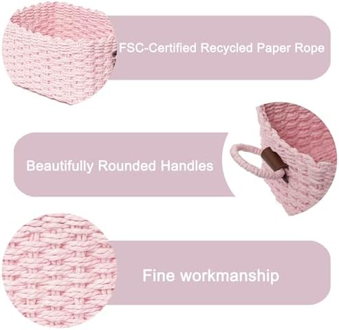 Woven Paper Rope Wicker Basket for Organizing(Set of 3,Pink)