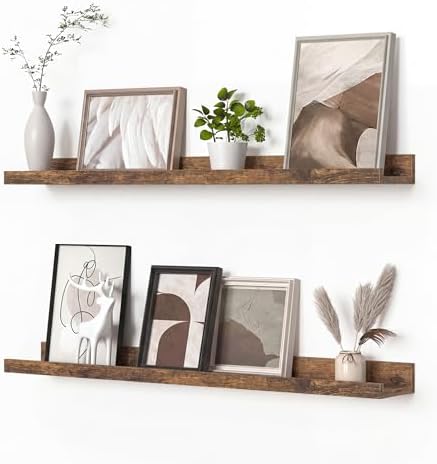 Heimlove Picture Ledge Shelf, Floating Shelves Set of 2, 31.5Inches Picture Shelf for Wall with Ledge, Kids Bookshelf Wall Mounted for Living Room Bedroom Decor Books Photo Frames - Rustic Brown