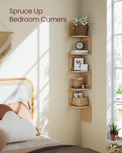VASAGLE 5-Tier Corner Shelf, Wall Mounted Floating Shelf, Boho Wall Decor