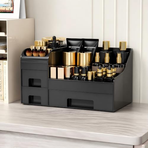 Extra Large Makeup Organizer for Vanity, 3 Drawers and Brush Holder, Countertop Cosmetic Storage for Skincare and Perfum