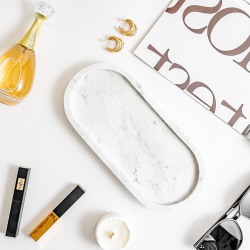 Natural Marble Vanity Tray Waterproof Italy Stone Bathroom Organizer for Perfume, Candles & Jewelry Non-Slip Oval Storag