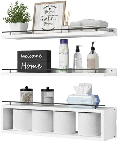 WOPITUES Floating Shelves for Wall 24 inch with Cube Shelf, Wall Shelves with Metal Rail for Bathroom Decor, Bathroom Or