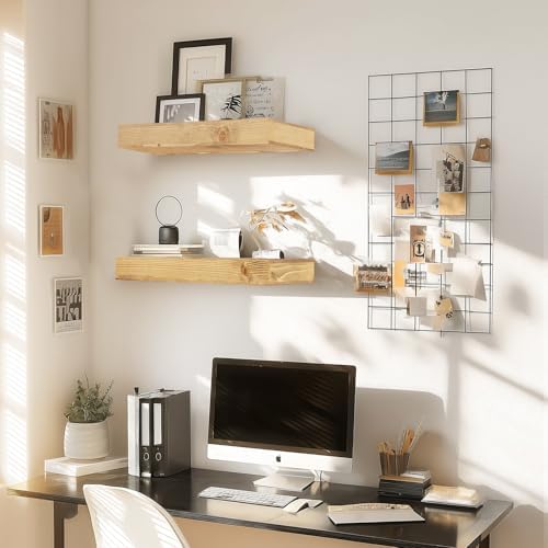 Floating Shelves, 17 Inch Wall Mounted Shelves, Set of 2, Oak