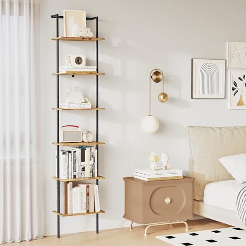 6-Tier Wall Mounted Ladder Shelf, Rustic Brown, 77" H