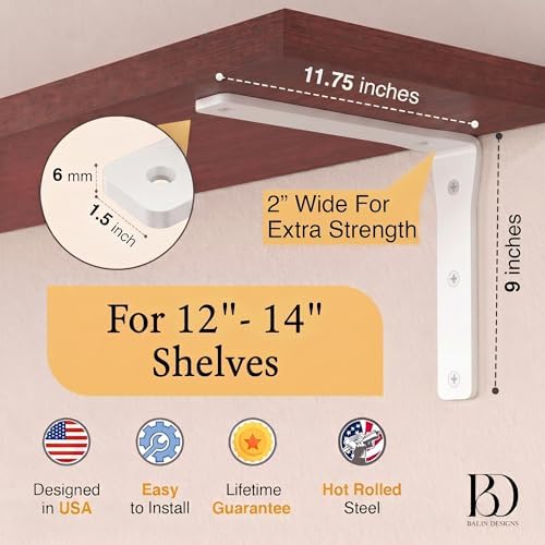 4 Pack Heavy Duty White Shelf Brackets 12 Inch by Balin Designs – Decorative L Bracket for Shelves, Metal Shelf Support 