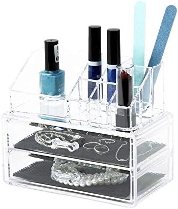 Compactor Make-up and Jewellery Storage Box, With 2 Drawers, Transparent, Polystyrene, Fabric Lining, 18.8 x 11.7 x H. 1