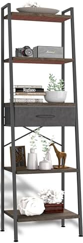 Whitmor 5-Tier Ladder Bookshelf with Drawer, Tall Narrow Bookcase with Wood Shelves & Metal Frame, Modern Display Storag