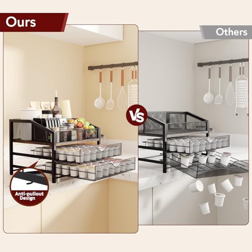 Homsorout Coffee Bar Organizer, Metal & Wood Coffee Station Holds 84 K Cup