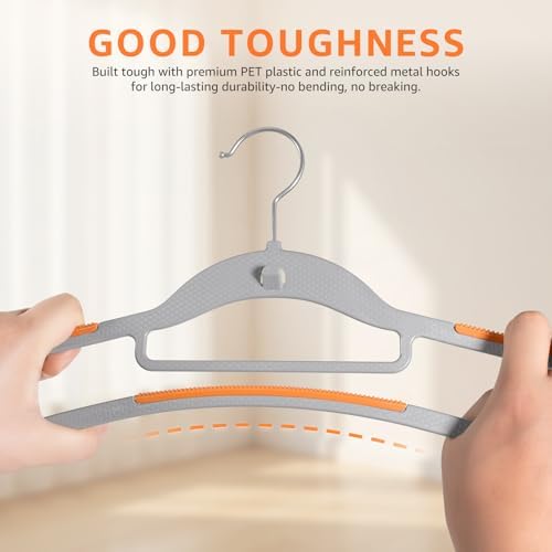 Yolife Cascading Plastic Clothes Hangers 20 Pack with Inner Hook for Vertical Storage, Slim Space Saving Hangers with Non-Slip Pads, 360° Swivel Metal Hook, Versatile, Gray & Orange