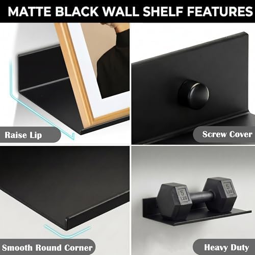 Z metnal 2 Pack 6 Inch Metal Floating Shelves with Safety Lip, Small Wall Mounted Shelf Holds Up to 5 Lbs, Matte Black L