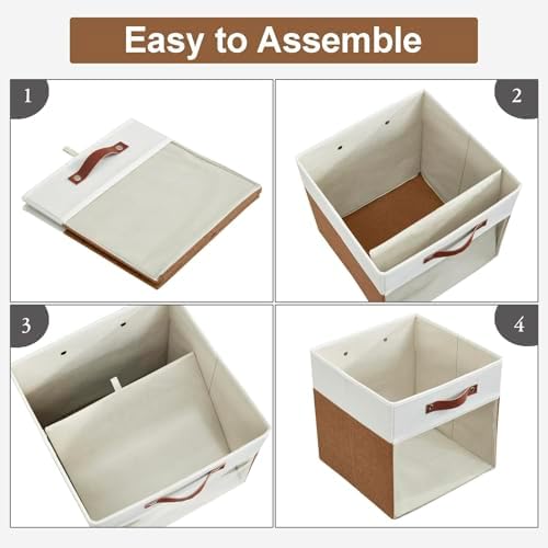 Bagnizer Storage Cubes, 4 Pack Linen Foldable Storage Bins with Clear Window and 2 Handles, 13x15x13 Storage Cube Bins for Shelf Closet, Kallax, Clothes, Books - (Brown / Off-White)