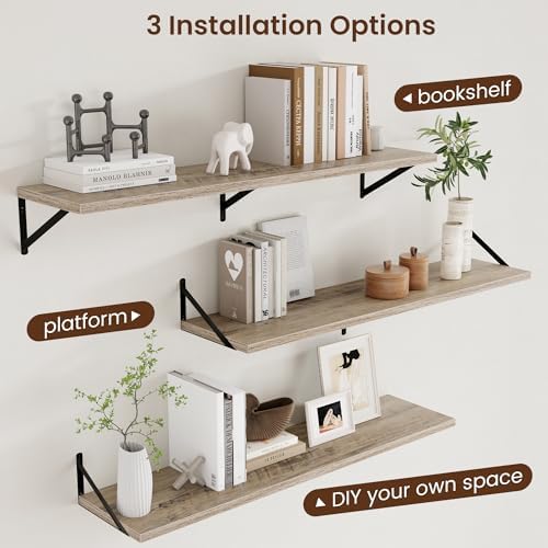 Axeman 12 Inch Deep Floating Shelves for Wall - 48 Inch Wide x 12 Inch Deep Wall Shelves Set of 2 - Rustic Grey Wood Flo