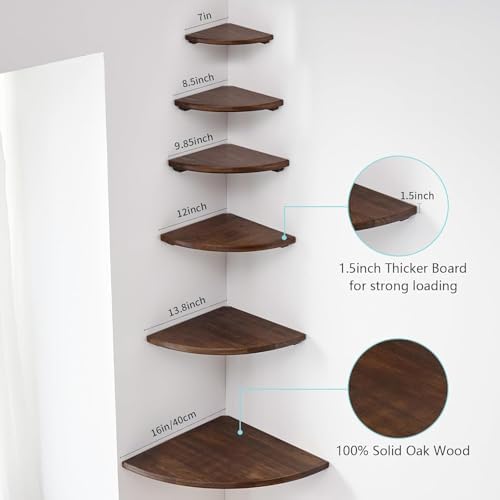 Corner Shelf, Solid Oak Wood Floating Corner Shelf Wall Mount Round End Floating Speaker Shelves with Wire Hole for Smal