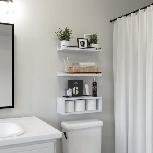 WOPITUES Floating Shelves for Wall with Cube Shelf, Wall Shelves with Metal Rail for Decor, Bathroom Organizers and Stor