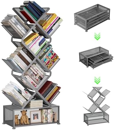 Gintan 9-Tier Modern Book Shelves with Storage, Bedroom Shelves Folding Bookshelves, No Installation Required Shelf Tree