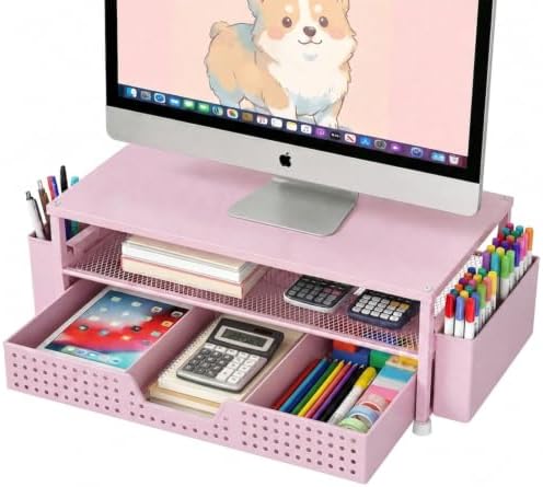 ECOLOVI Desk Organizer and Accessories, 2-Tier Computer Monitor Stand Rise with Storage Drawer & 2 Pen Holders, Laptop &