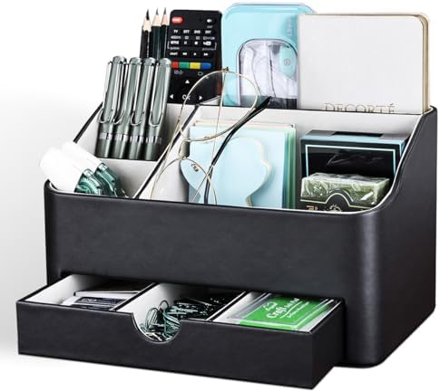 KINGFOM Leather Makeup Organizer with Drawer, Cosmetic Storage for Dresser Countertop and Bathroom Vanity, Beauty Holder