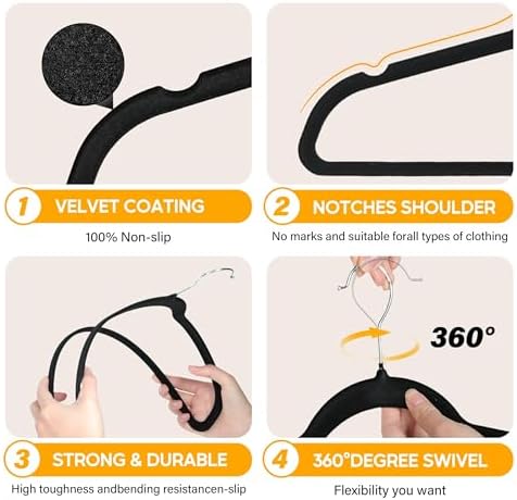 HealSmart Heavy Duty Velvet Hangers 50 Pack, Non-Slip Clothes Hangers with Shoulder Notches, 360° Swivel Hooks, Coat Suit Hangers for Closet Space Saving, Black