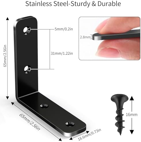 YUMORE 65mm L Corner Brace, Heavy Duty 90° Bracket, Black, 6 Pcs