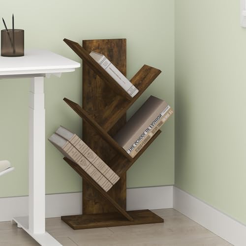 Ipoh Tree Book Shelf, 5-Tier Tree Bookcase, for Narrow Space, Books, CDs, Magazines, Rustic Brown