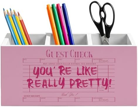 Trendy Retro Pink Pen Holder for Home Office Desk, Pink Girly Office Decor, You're Like Really Pretty Guest Check Wooden Box Sign Pencil Holder for Desk Shelf Organizer