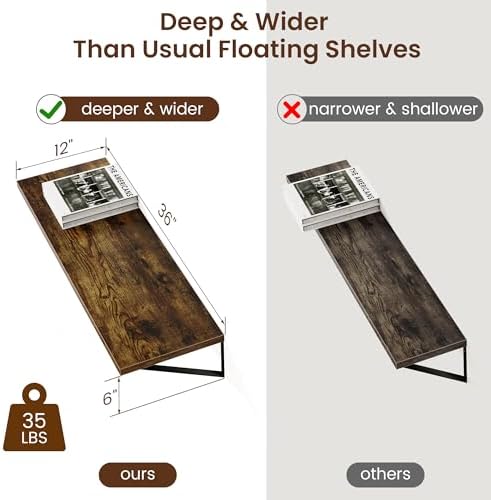 Axeman 12 Inch Deep Floating Shelves for Wall - 36 Inch Wide x 12 Inch Deep Wall Shelves Set of 2 - Rustic Wood Floating