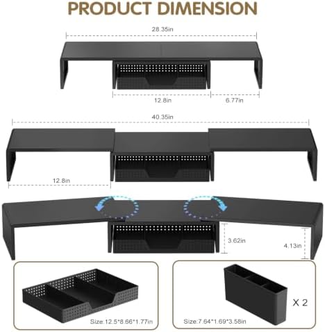 LEKETREE Dual Monitor Stand Riser with Drawer and 2 Pen Holders, Black