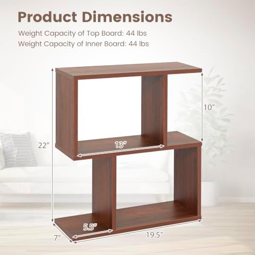 Tangkula 2 Tier Geometric Bookshelf, Freestanding Wooden Display Shelf, Home Office Room Divider S Shaped Open Bookcase,