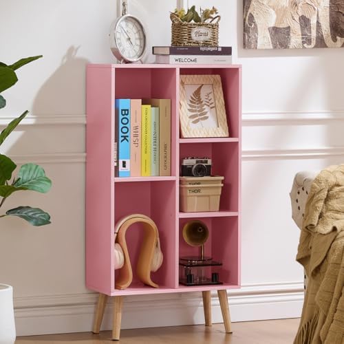 LEYAOYAO 5 Cube Bookshelf,Mid-Century Modern Bookcase with Legs,Light Pink